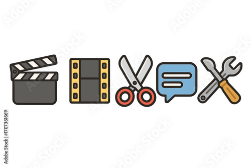 Movie editing icons. Video production elements with clapperboard, film strip, scissors for cuts, subtitle bubble, and tools. Vector cartoon symbols for post-production.