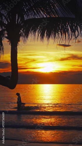 Tropical beach with coconut palm tree and ocean. Summer vacation in tropical paradise concept 4K