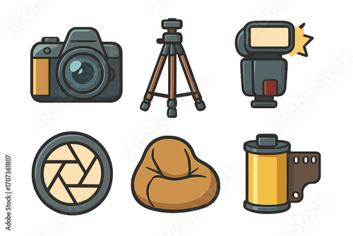 Photography icons set of camera gear. Vector collection with DSLR, tripod, flash, shutter, film roll, bean bag. Cartoon illustration for photographer or photo studio.