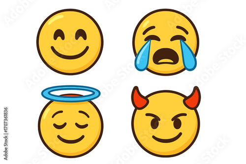 Vector emoji set of emotions. Cartoon character faces with expressions. Happy smile, sad cry with tears, good angel with halo, and evil devil with horns. Emoticon icon pack.