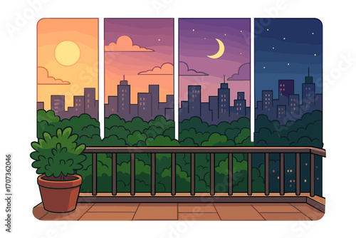 Day to night transition concept. City skyline view from balcony. 24-hour time-lapse from sunrise to sunset to night sky with moon. Urban landscape with park. Vector cartoon.