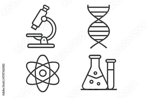 Scientific icons set in thin line style. Microscope for biology, atom for physics, DNA for genetics, and chemistry flasks for lab research. Vector outline symbol collection.