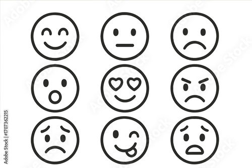 Set of linear emoji faces with emotional expressions. Emoticon smiley collection. Outline icons for mood. Vector pack. Happy, sad, angry, love, neutral, surprised, wink.