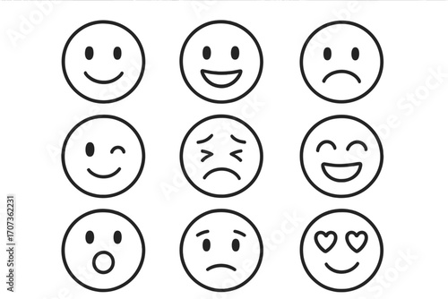 Emoji faces line icon set. Vector emoticons. Mood expression concept. Smiley face collection. Customer feedback illustration. Happy, sad, love, surprised, angry feelings.