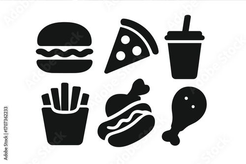 Fast food icons set silhouette. Burger, pizza slice, hot dog, french fries, chicken leg, and soda drink symbol. Junk food vector graphic for menu, restaurant, or takeaway.