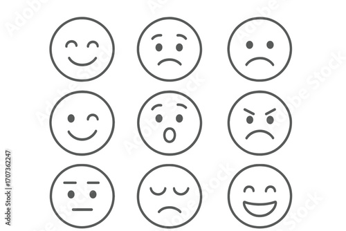 Linear emoji faces expressing emotions. Vector cartoon illustration icon set. Simple outline emoticons. Happy, sad, angry, surprised, bored, tired, winking faces. Moods.