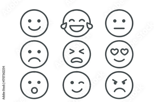Set of simple line style emoji faces with various expressions. Vector cartoon emoticons. Happy, sad, angry, love, laughing and surprised face icons for customer feedback.