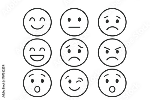 Set of simple emotion faces with various expressions in outline style. Vector cartoon emoticons. Character head line icons with happy, sad, angry and neutral moods.