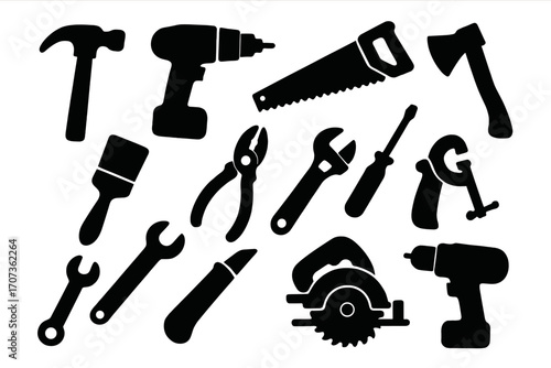 Silhouette icons set of hand and power tools for construction and DIY projects. Vector graphic collection of isolated instruments for repair, workshop and carpentry work.