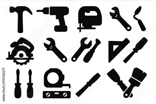 Collection of black silhouette icons. Set of hand and power tools for construction, home repair, and DIY projects. Vector graphic illustration of workshop equipment.
