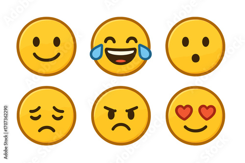 Simple emoji expressions set. Rounded faces and emotion icons. Vector cartoon illustration. Happy, sad, angry, love, surprised, laughing emoticons. Yellow smiley face pack.