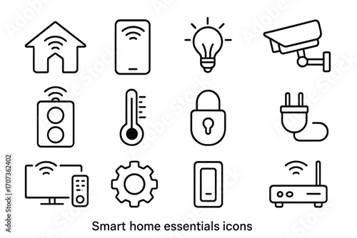 Smart home technology linear icon set. Vector symbols for home automation system, modern devices, and internet of things. Outline icons for security, control, and connectivity.