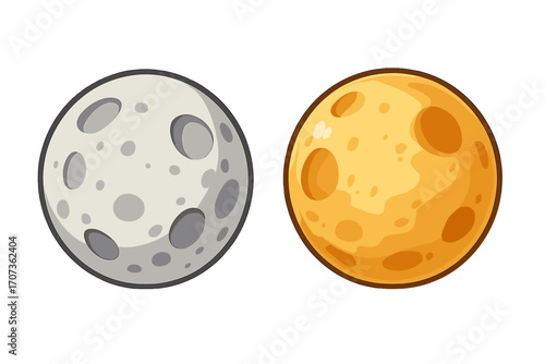 Moon vector cartoon illustration set. Full moon and cheese moon icons. Planet with craters in space. Celestial body graphic for kids. Astronomy and astrology symbol design.