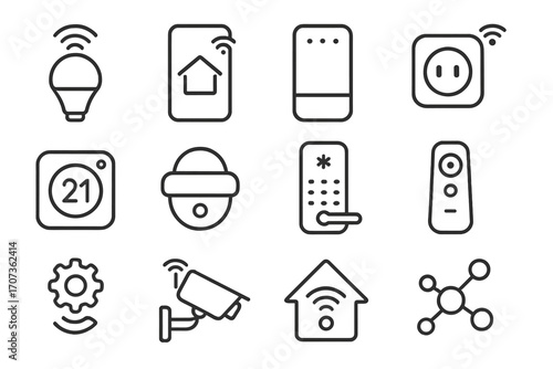 Smart home icon set. Minimal linear icons for home automation and modern devices. Internet of Things, IoT, technology vector collection. Security, control, and connect symbols.