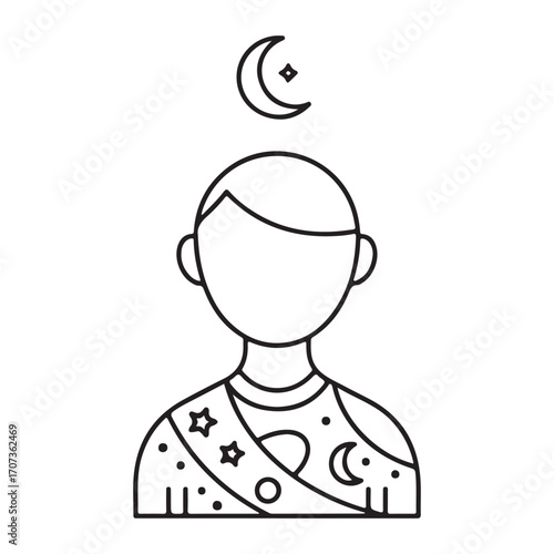 Festive Gender-Neutral Crescent Figure Icon in Line Art: Ideal for Eid and Cultural UI Design Elements