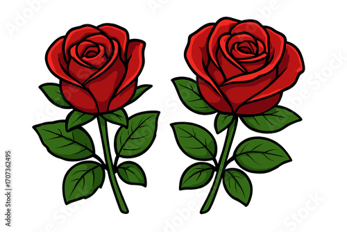 Two red roses vector cartoon illustration. Love and romance symbol for Valentine's Day. Beautiful flower with green leaves, isolated floral design element. Classic tattoo style.