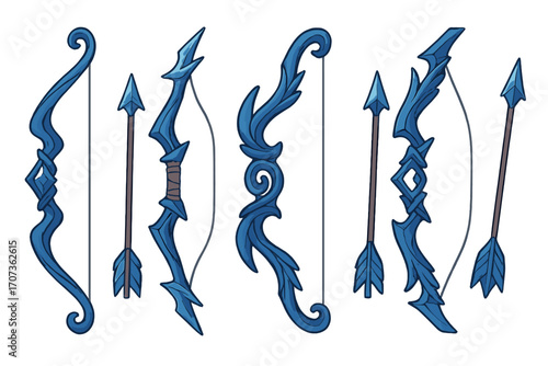 Set of fantasy blue bows and arrows. Magic weapon collection for video games. Ornate, intricate elven archery equipment. Vector cartoon illustration of mystical hunter items.
