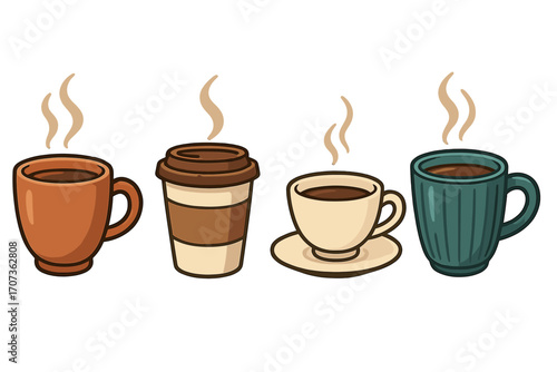 Coffee cup collection vector set. Various mugs, to-go paper cup, teacup with hot drinks. Espresso, latte, cappuccino illustration. Cafe menu icon, morning caffeine.