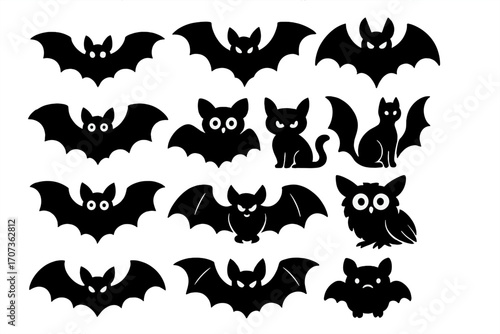 Halloween bats, black cat and owl silhouette vector icon set. Spooky cartoon animal collection for horror party decoration. Cute and scary nocturnal creature design elements.