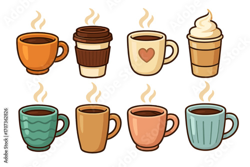Coffee cup collection. Vector cartoon illustration set of various colorful mugs with hot beverages like espresso, latte. Steaming coffee and tea icons for cafe menu design.