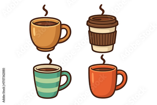 Set of various coffee cups and mugs. Collection of hot drinks like espresso, cappuccino, or tea. Cartoon vector illustration for cafe menu, coffee break, or morning beverage concept.