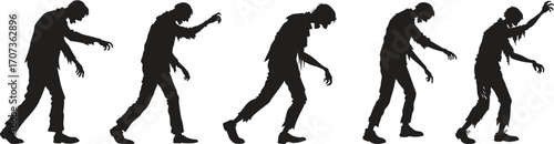 Silhouettes of zombies walking in creepy poses, arms stretched forward. Classic undead horror figures for Halloween designs, spooky art, and apocalyptic themes. Perfect for posters, comics, and decora