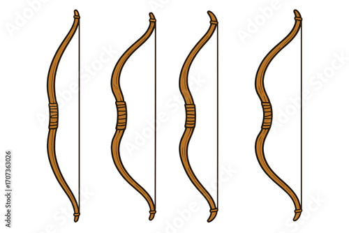 Set of traditional wooden longbows. Vector cartoon illustration for archery sport or medieval hunter weapon. Vintage handmade equipment for hunting and recreation concept.