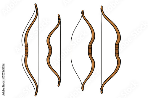 Set of vintage wooden bows. Traditional archery equipment illustration. Medieval longbow and recurve bow vector cartoon. Hunter weapon, sport, target shooting concept.