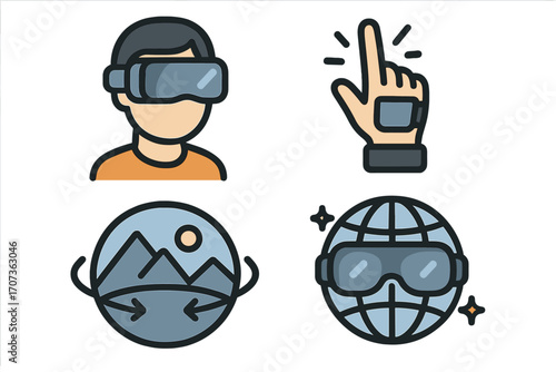 Virtual reality icon set. Modern VR symbols for immersive technology experiences. Metaverse, AR, gaming concept. Vector pack with headset, haptic glove, 360 view.