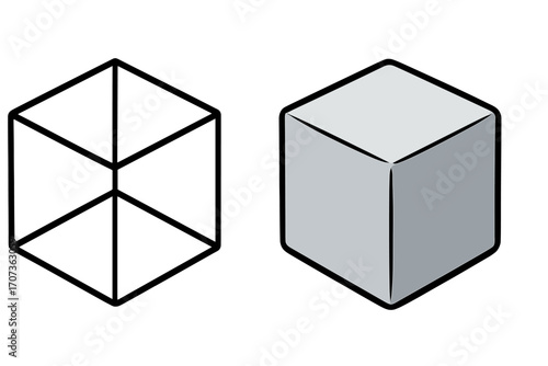 Wireframe vs solid cube. 3D model comparison from blueprint to finished product. Vector icon set. Concept for process, development, idea to reality, empty versus full.