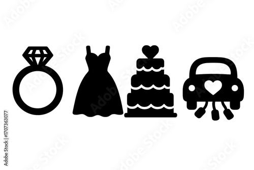 Wedding icon set with marriage symbols. Vector collection with diamond ring, bridal dress, party cake, and just married car silhouette. Love, romance and celebration concept.
