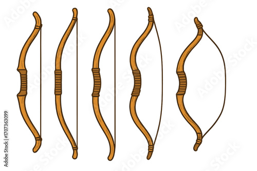 Set of vintage wooden bows for archery. Traditional medieval longbow weapon collection. Hand drawn cartoon vector illustration for sport, hunting or history concept isolated.