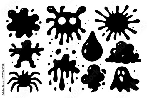 Black ink blots and spooky Halloween shapes set. Vector cartoon illustration of ghost, spider, and monster silhouettes. Graphic paint splatters, splashes, and drops collection.