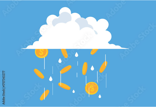 Flat illustration of coins flowing from cloud dreamy and aspiration nature of wealth investment