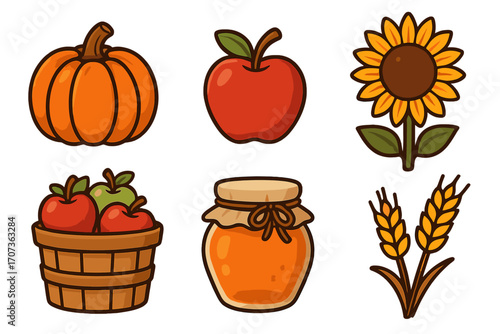 Autumn harvest icon collection. Cute cartoon vector set with pumpkin, apple, sunflower, wheat, fruit basket, and jam. For fall festival, Thanksgiving, and farm market design.