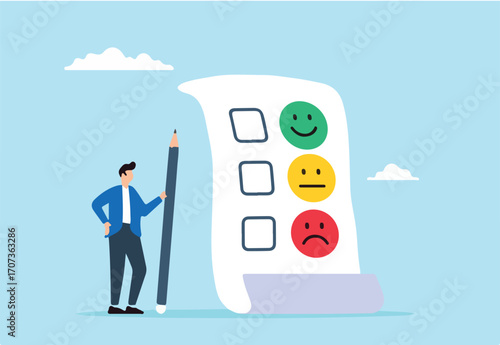 Man holds pencil thinking his experience and giving ratings on questionnaire with happy, neutral, and angry faces. Concept of customer feedback, satisfaction levels with product or service