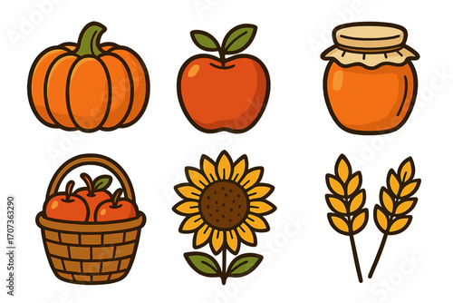 Autumn harvest icons set. Fall seasonal food collection. Vector illustration of pumpkin, apple, basket, jam, sunflower, wheat. Thanksgiving cartoon symbols for farm market.