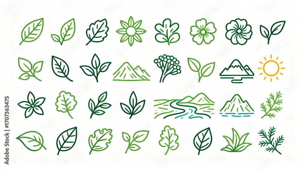 Fototapeta premium Minimal green eco line icon set — leaves, flowers, mountains, river and sun symbols