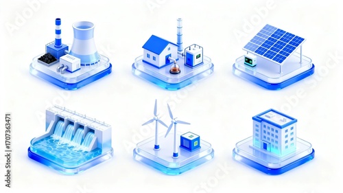 3D isometric clean energy icon set — factory, solar, wind, hydro, smart grid