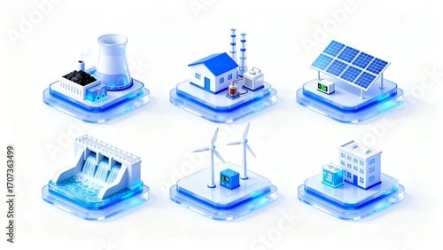 3D isometric clean-energy icon set — power plant, home, factory, solar, wind, hydro on white