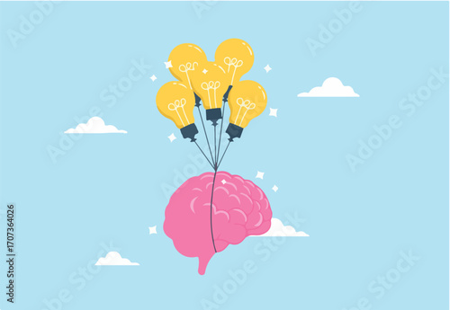 Smart human brain flying alongside lightbulb idea balloons, illustrating creativity and intelligence in achieving success. Concept of ability to apply knowledge, wisdom, innovate and imagination