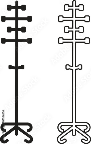 Coat stand hat rack flat, outline icons set, Modern clothes hanger furniture silhouette, wardrobe organizer hall tree, minimalist entryway storage designs group and home interior vectors illustration.