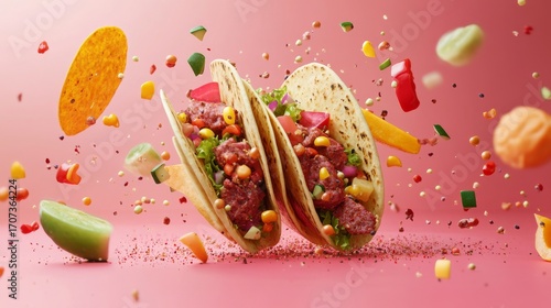 Vibrant tacos bursting with fresh ingredients. The colorful scene captures the essence of culinary joy. Perfect for food lovers and creators. Generative AI