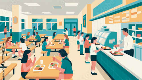 illustration of a busy school canteen scene showing various activities vector design template