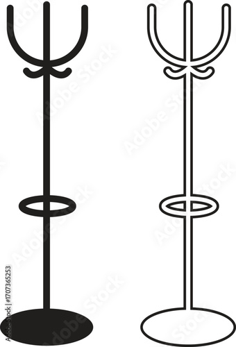 Coat stand hat rack flat, outline icons set, Modern clothes hanger furniture silhouette, wardrobe organizer hall tree, minimalist entryway storage designs group and home interior vectors illustration.