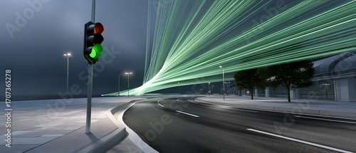 Green traffic light with streaks of light over curved road and modern buildings at night