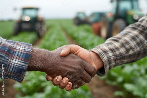 Diverse farmers shaking hands over a field of crops with tractors blurred in the distance