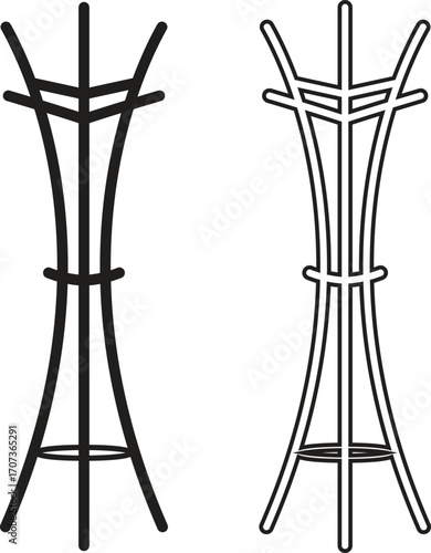 Coat stand hat rack flat, outline icons set, Modern clothes hanger furniture silhouette, wardrobe organizer hall tree, minimalist entryway storage designs group and home interior vectors illustration.