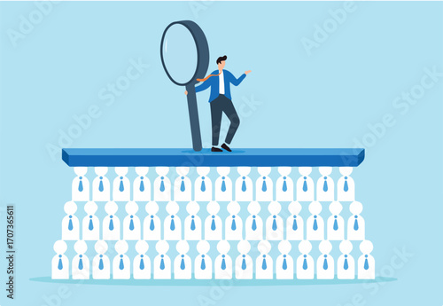 Vector illustration of recruiter holding magnifying glass over talent pool detailed candidate search focused recruitment finding best identification