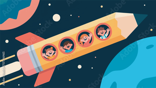 illustration of a rocket with school children inside vector design template